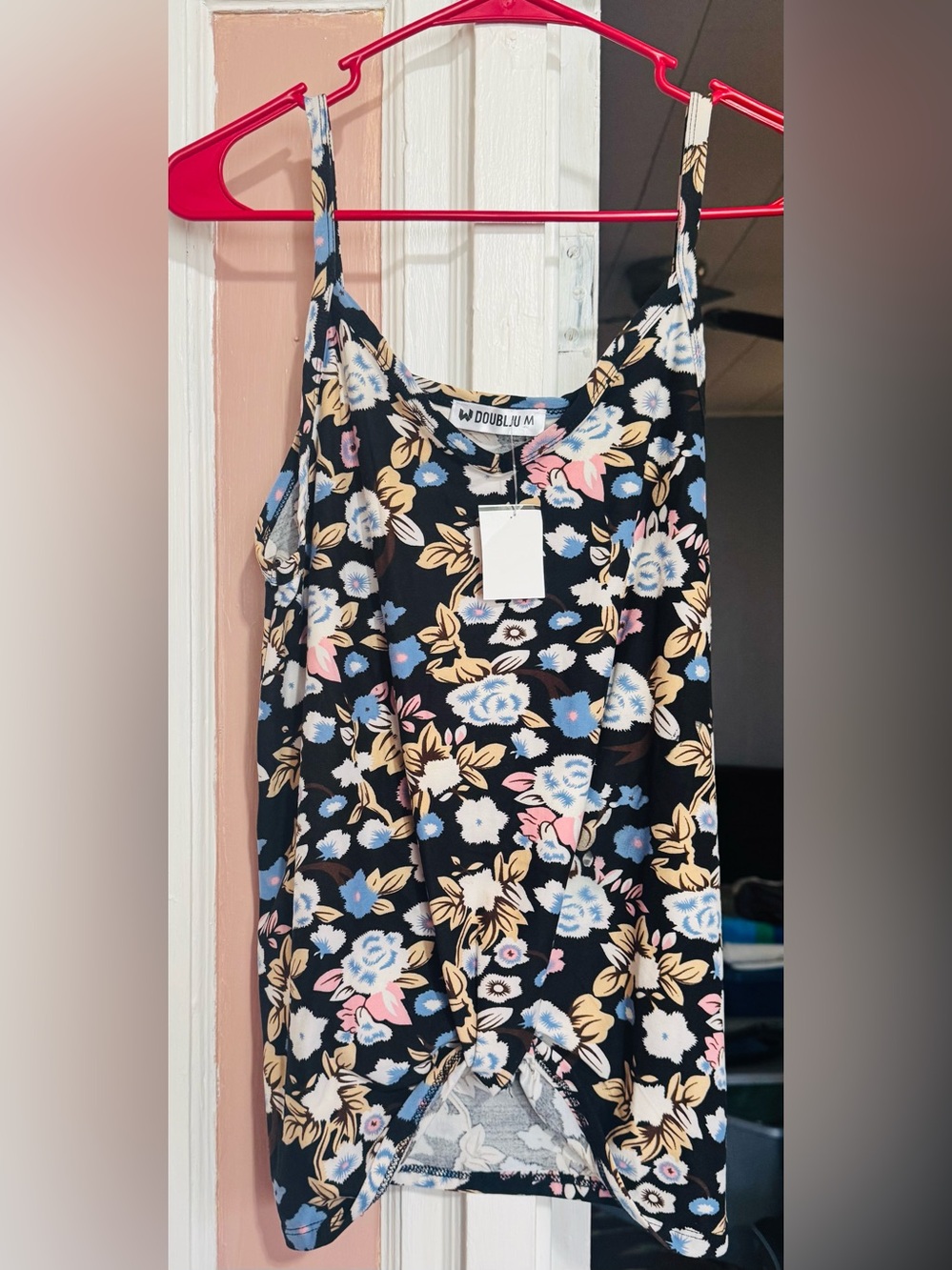 Doublju Black Floral Print tank top with Pastel Blooms